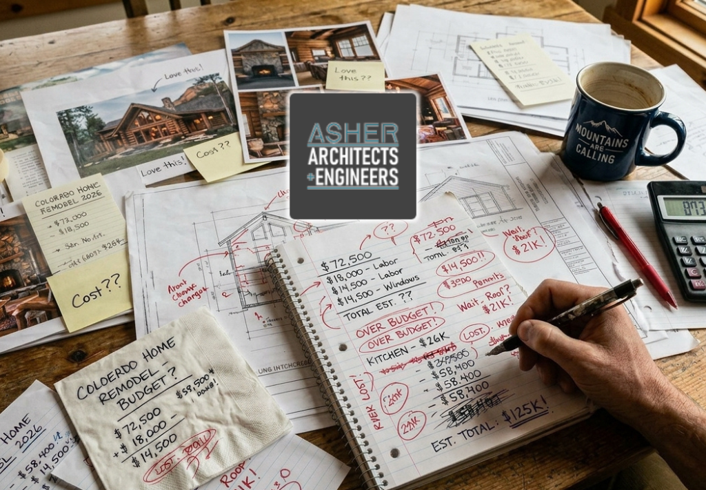 a wood farm table is littered with facts and figures and blueprints as someone is trying to determine an accurate home remodel budget. There's lots of red pen, images, and clippings as this process appears to be disorganized.