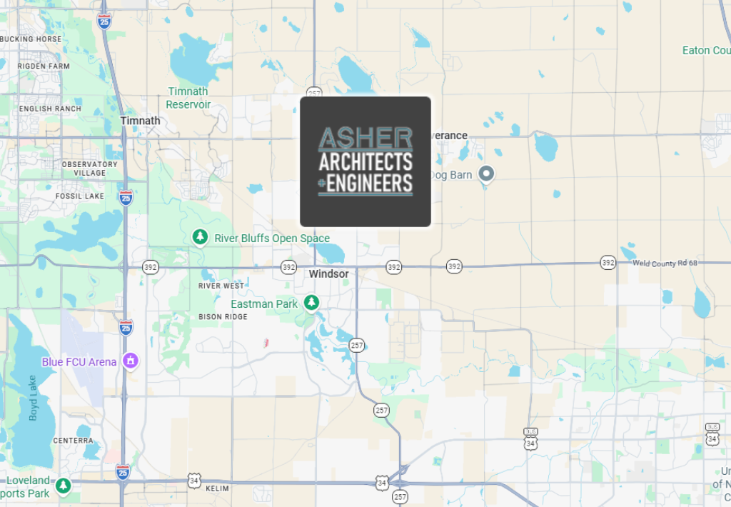 this is an overhead google maps image with the firms logo on top illustrating that they build new homes in windsor co.